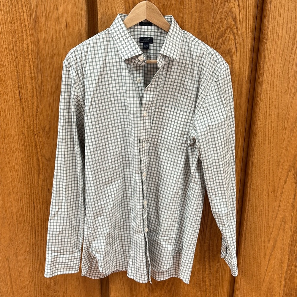 J. Crew Thompson Stretch Wrinkle Free Green White Check Long Sleeve Shirt L